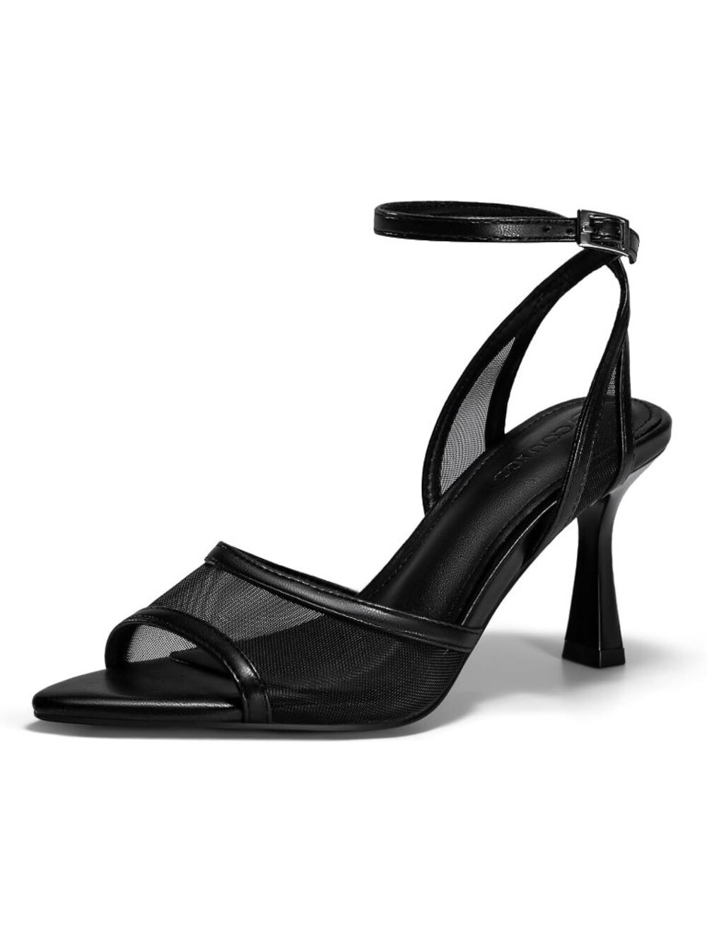 Women's Mesh Black Kitten Heels Pointed Open Toe Buckle Strap Summer Sandals
